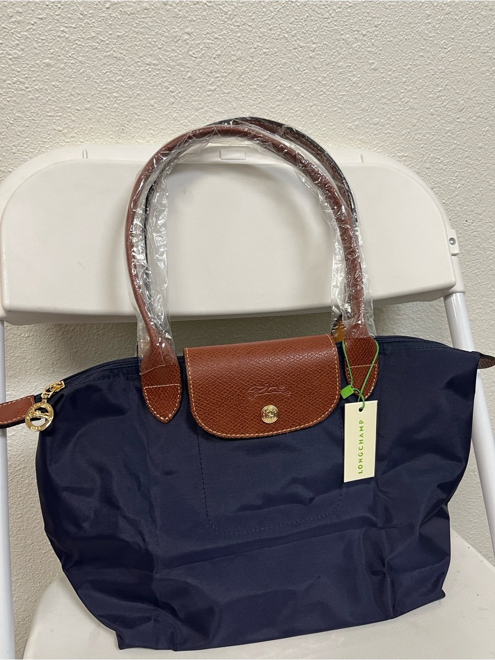 Longchamp Medium Navy Tote with Brown Leather Trim